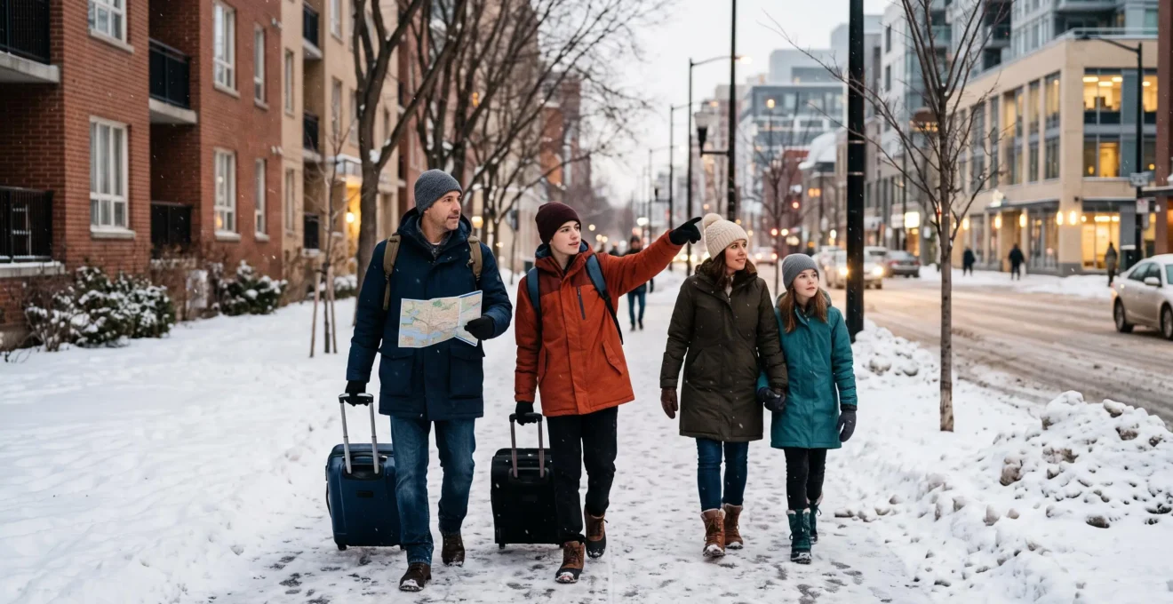 Une famille avec deux adolescents, vêtue de vêtements d'hiver, traverse un trottoir enneigé d'une ville canadienne en tirant des valises, un parent consultant un plan de ville.