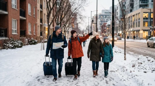 Une famille avec deux adolescents, vêtue de vêtements d'hiver, traverse un trottoir enneigé d'une ville canadienne en tirant des valises, un parent consultant un plan de ville.