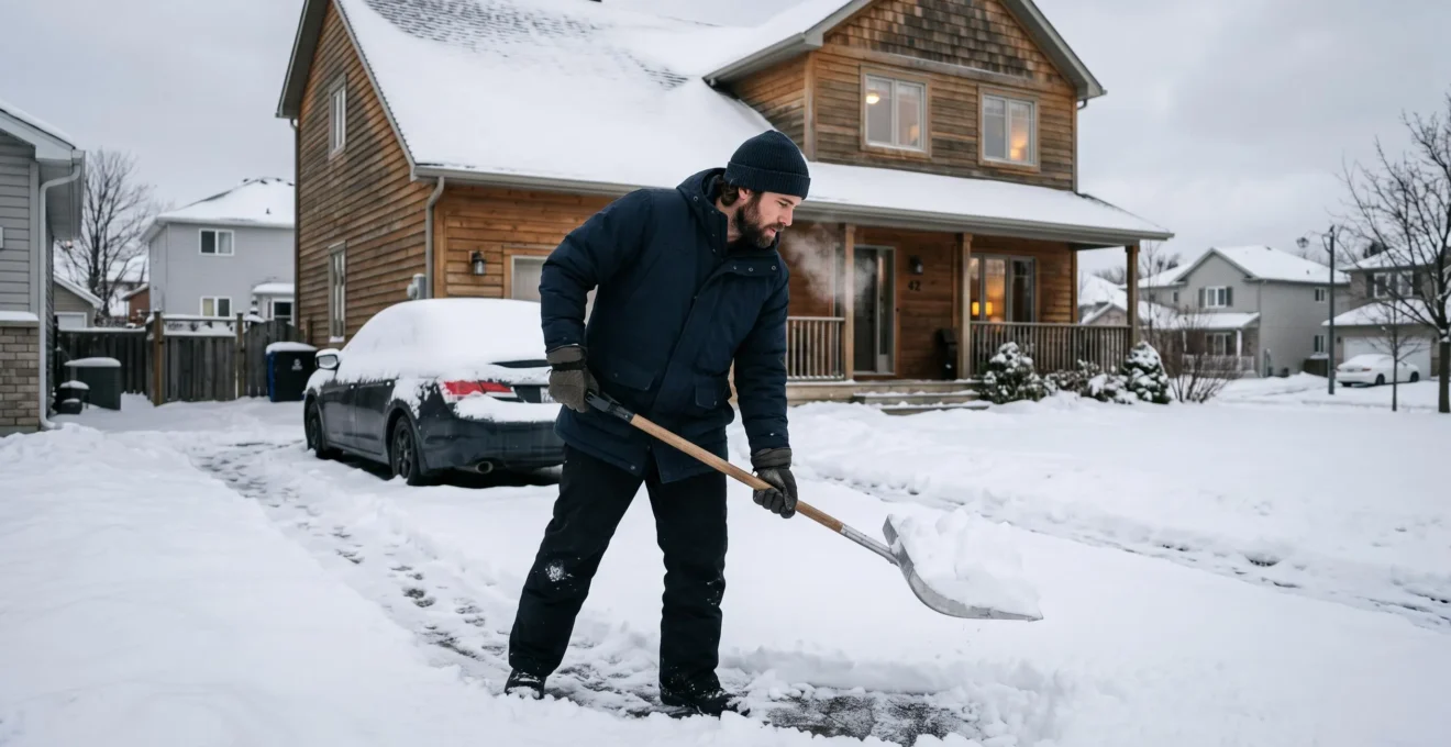 Un homme en parka d'hiver déneige l'entrée de sa maison de banlieue canadienne avec une pelle, la voiture et le toit voisins couverts de neige.