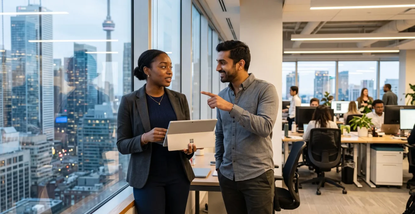 Deux collègues discutent près d'une baie vitrée dans un bureau ouvert de Toronto, l'une tenant une tablette, avec la skyline urbaine en arrière-plan.