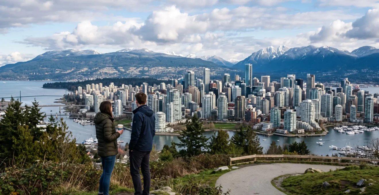 Vue panoramique depuis un belvédère sur la baie et les tours vitrées du centre-ville de Vancouver, avec deux jeunes adultes au premier plan observant le paysage et des montagnes enneigées à l'horizon.